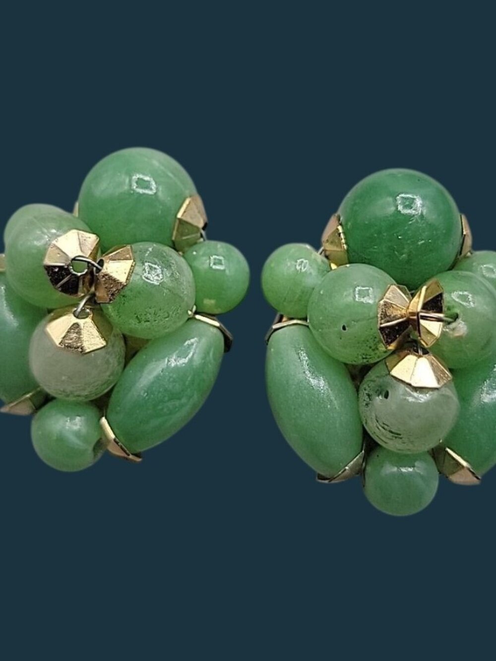 Green Jello Lucite Cluster Clip On Earrings Vintage Hong Kong Gold Tone